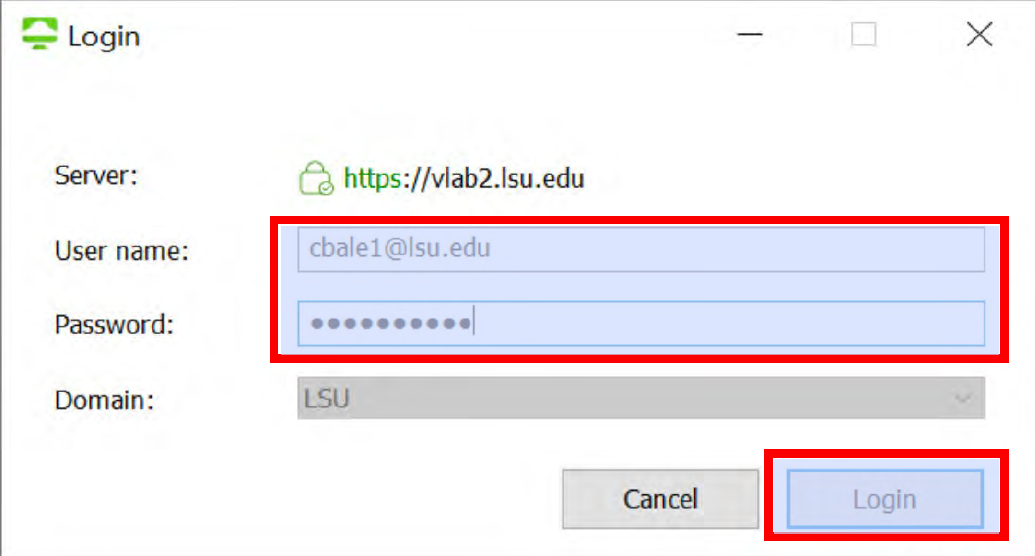 Select LSU as Domain. Enter your Username and Password (MyLSU login credentials) and click Login. 