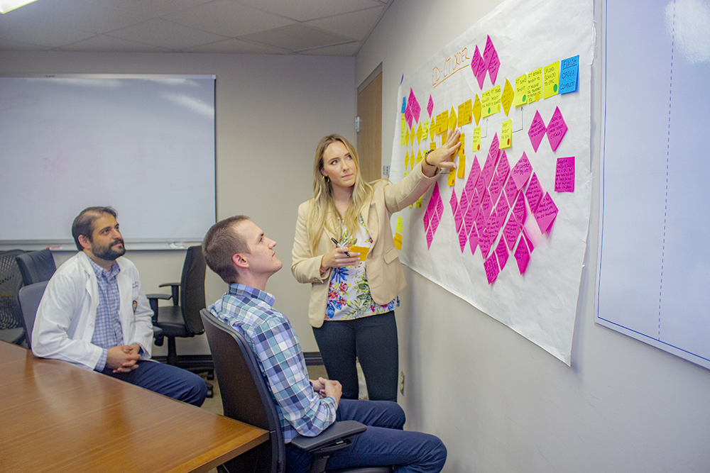 Collaborating on a sticky note flowchart