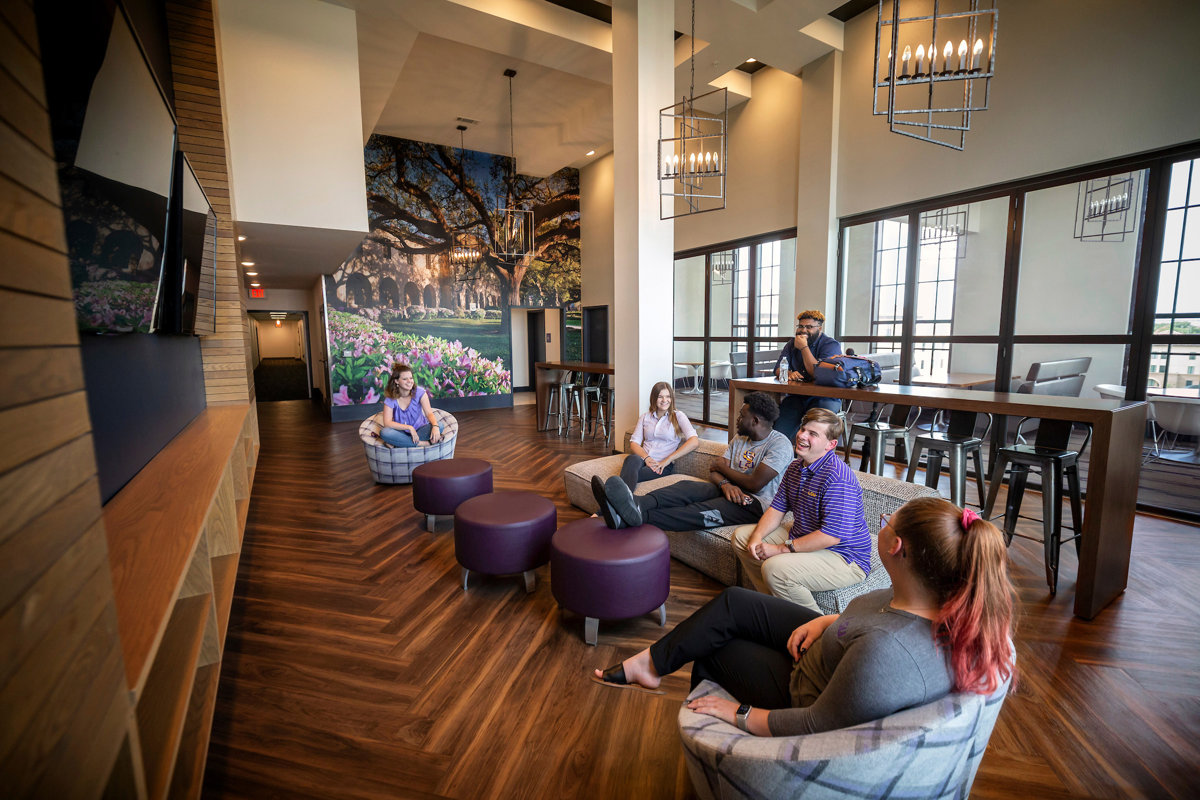 students in apartment lobby space