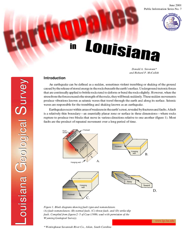 Earthquakes in Louisiana, 2001, 8 pp. Earthquakes in Louisiana, 2001, 8 pp.