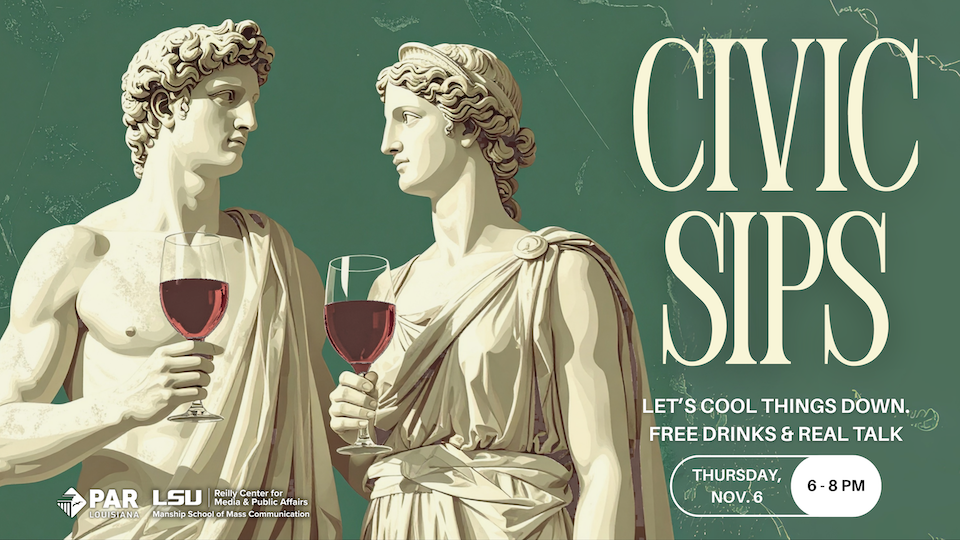 Promotional art with two statues 